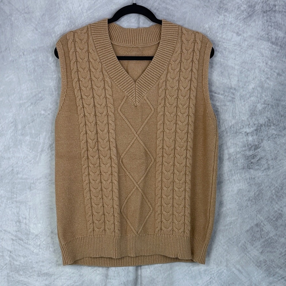 Womens Cable Knit V Neck Sleeveless Sweater Vest sz‎ L Tan Preppy Academia prep